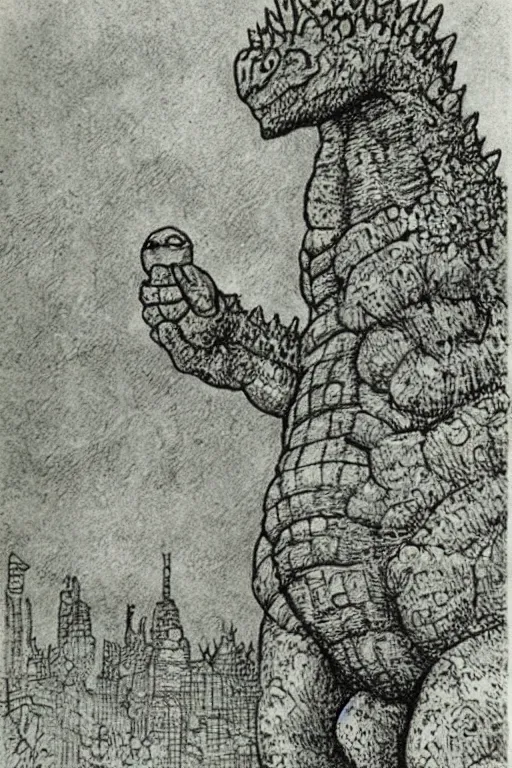 Image similar to godzilla wearing a crown, by maurice sendak