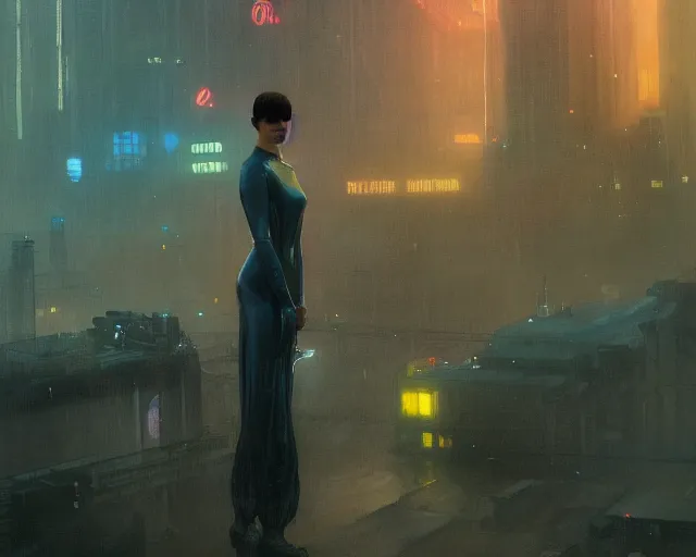 Image similar to 2 0 1 8 blade runner movie still girl look at the cityscape from roof perfect face fine realistic face pretty face reflective polymer suit tight neon puffy jacket blue futuristic sci - fi elegant by denis villeneuve tom anders zorn hans dragan bibin thoma greg rutkowski ismail inceoglu illustrated sand storm alphonse mucha