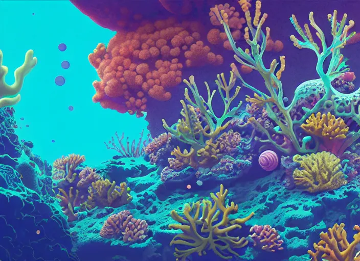 Prompt: a luminescent underwater reef with corals and aquatic life by paolo eleuteri serpieri and tomer hanuka and chesley bonestell and daniel merriam and tomokazu matsuyama, unreal engine, high resolution render, featured on artstation, octane, 8 k, highly intricate details, vivid colors, vector illustration