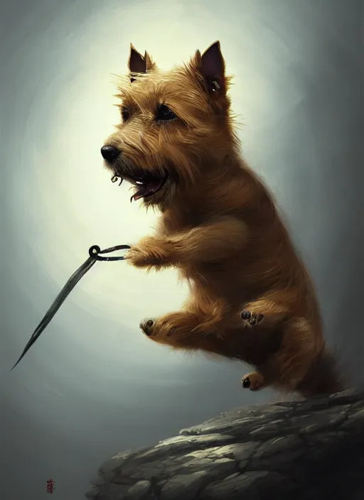 Image similar to norwich terrier as an kung fu master, backround dark, highly detailed, digital illustration, trending in artstation, modern painting, smooth, sharp focus, intricate, by peter mohrbacher