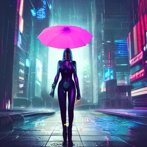 Image similar to a picture of a woman holding an umbrella, futuristic city, cyberpunk art by fyodor vasilyev, zbrush central contest winner, cubo - futurism, synthwave, darksynth, retrowave