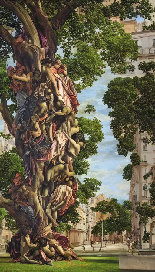 Prompt: a huge standalone maximalist hyperrealistic photorealistic tree in a city. humanoids emerging from it. seen from the distance. art nouveau rococo in the style of caravaggio and botticelli. hd 8 x matte background in vibrant vivid pastel colour textures