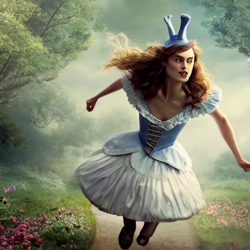 Prompt: Keira Knightley as alice in Wonderland chasing the white Rabbit, hyperrealistic, highly detailed, depth of field, High definition, 8k, octane render, artstation