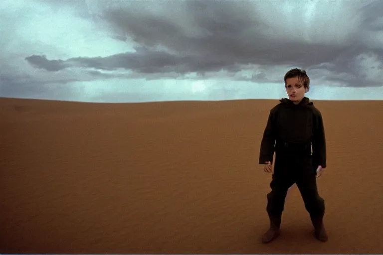 Image similar to a cinematic wide angle shot of a boy in the movie dune, in a serene vast desert, stormy weather, dry, film still, cinematic, movie still, dramatic lighting, by annie leibovitz