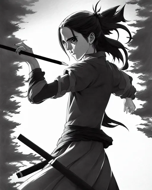 Prompt: a very detailed pencil drawing of emma watson in demon slayer manga panel, action lines, greg rutkowski, in field high resolution, dynamic pose, landscape, medium portrait, action, hyper realistic, manga, koyoharu gotouge, sakuga