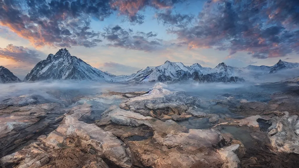 Image similar to amazing landscape photo of mountains with lake in sunset by marc adamus, beautiful dramatic lighting