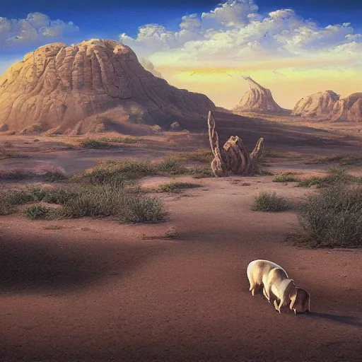 Prompt: a painting of a dog in the desert, an airbrush painting by breyten breytenbach, cgsociety, neo - primitivism, dystopian art,! apocalypse landscape!!