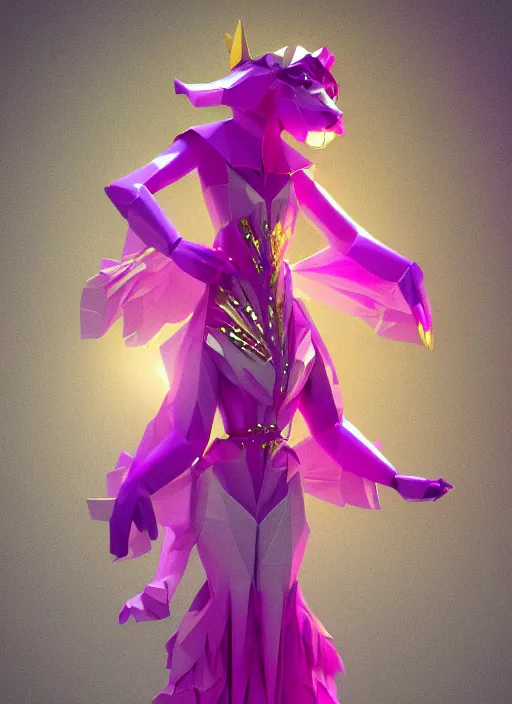 Prompt: full body image of a stunning beautiful anthropomorphic lionness woman made out of ceramic gold diamonds wearing a flowing pink colored paper dress, a futuristic subway stop made out of origami, origami orchids, heavenly light, 3 d, very detailed, octane render, trending artstation, artgem