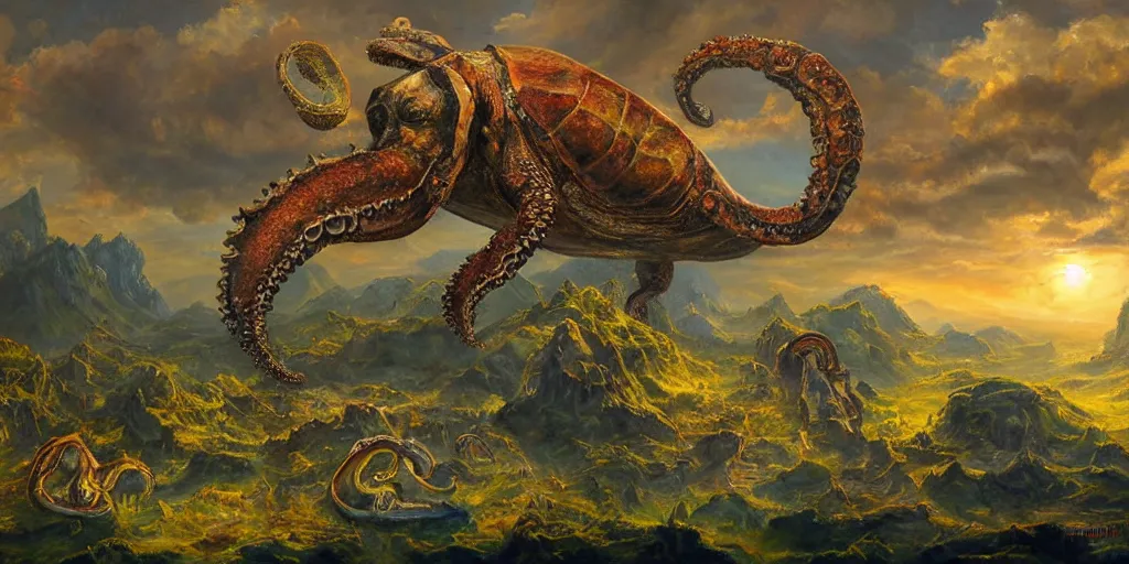 Image similar to fantasy oil painting, great leviathan, cybernetic turtle cephalopod terrapin reptilian pachyderm squid, bella hadid, hybrid, milla jovovich, anubis, epic natural light, lush plants flowers, spectacular mountains, bright clouds, luminous sky, outer worlds, golden hour, michael cheval, edward hopper, michael whelan, vray, hd