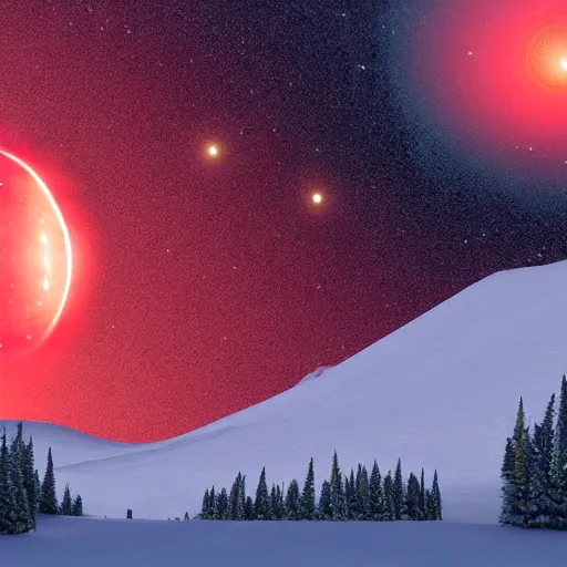 Image similar to A heavily-forested valley surrounded by snow-capped mountains at night, a red nebula and orange gas giant with rings in the sky, no clouds, sci-fi, photorealistic, landscape