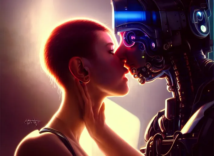 Image similar to ultra realistic medium shot of a couple of cyborgs kissing, lovers, cyberpunk, sci - fi, fantasy, kodak, colour led, soft light, volumetric lighting, fog, rays, night, intricate, highly detailed, digital painting, concept art, smooth, sharp focus, illustration, art by artgerm and greg rutkowski and alphonse mucha