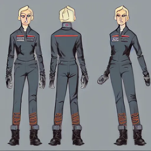 Image similar to character concept art of heroic stoic emotionless butch blond handsome woman engineer with very short slicked - back butch hair, narrow eyes, wearing atompunk jumpsuit, retrofuture, science fiction, mike mignogna, digital art