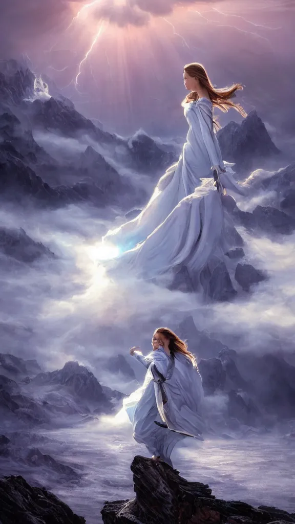 Image similar to wizard, argentina, natalie portman, hudson river school, max rive, full plate armor, f 1 6, bokeh, gentle, female, snowy mountain, storm clouds, god rays, close up portrait, d & d, fantasy, elegant, teal pink white gold color palette, concept art, roger deakins and greg rutkowski and alphonse mucha