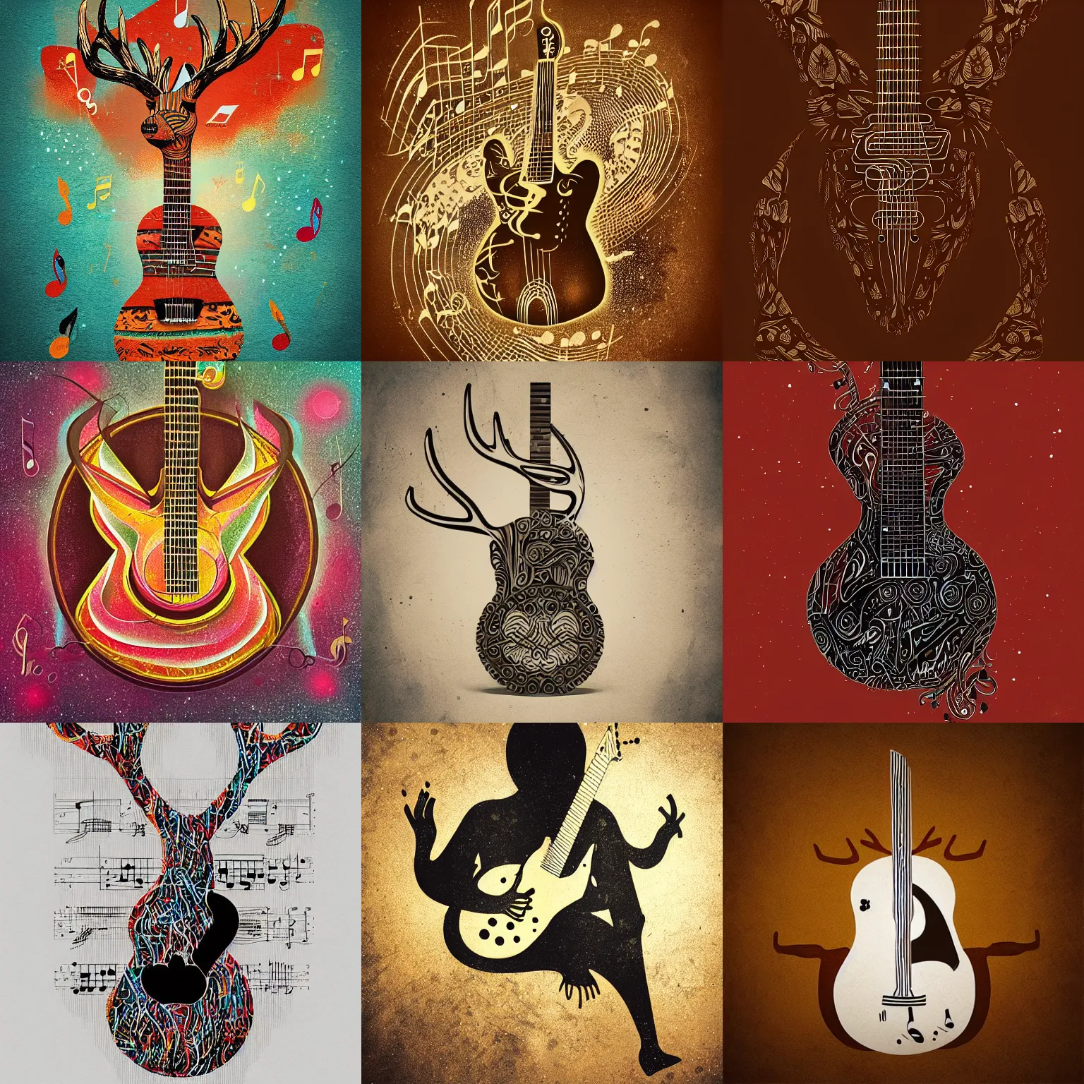 Prompt: , guitar in the shape of a deer, romantic, warm, musical notes, detailed, realistic, in the style of petros afshar