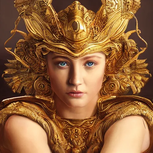 Image similar to hyperrealistic mixed media painting of beautiful goddess Athena, stunning 3d render inspired art by P. Craig Russell and Barry Windsor-Smith, perfect facial symmetry, dim volumetric lighting, 8k octane beautifully detailed render, post-processing, portrait, extremely hyper-detailed, intricate, epic composition, brown eyes, cinematic lighting, masterpiece, trending on artstation, very very detailed, masterpiece, stunning