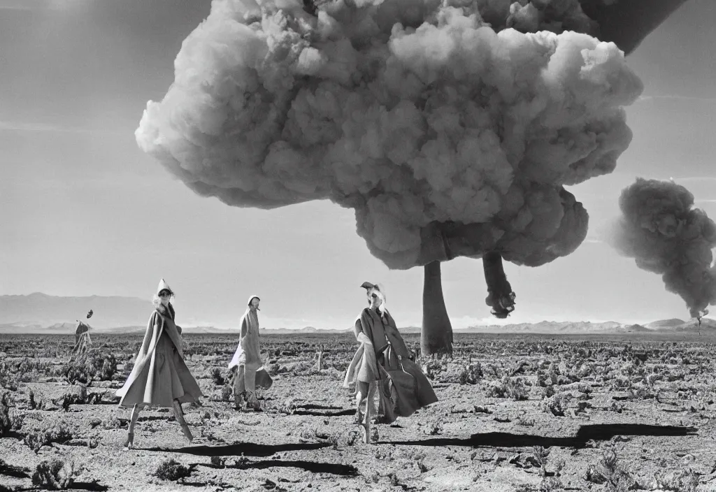 Image similar to fashion editorial in Nevada nuclear test site. gigantic mushroom cloud explision. 1956. highly detailed. depth of field. high definition. 8k. photography.