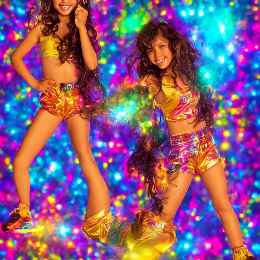 Image similar to cute hispanic girl with golden brown skin rollerskating, setting is a 80's rollerdisco, 80's theme, flashing colorful disco lights, girl is smiling widely, girl is wearing yellow satin hot pants, art station, artwork in the style of Wesley Burt, depth of field, cinematic, dramatic lighting, dramatic low camera angle, fog machine effect, golden ratio, rule of thirds