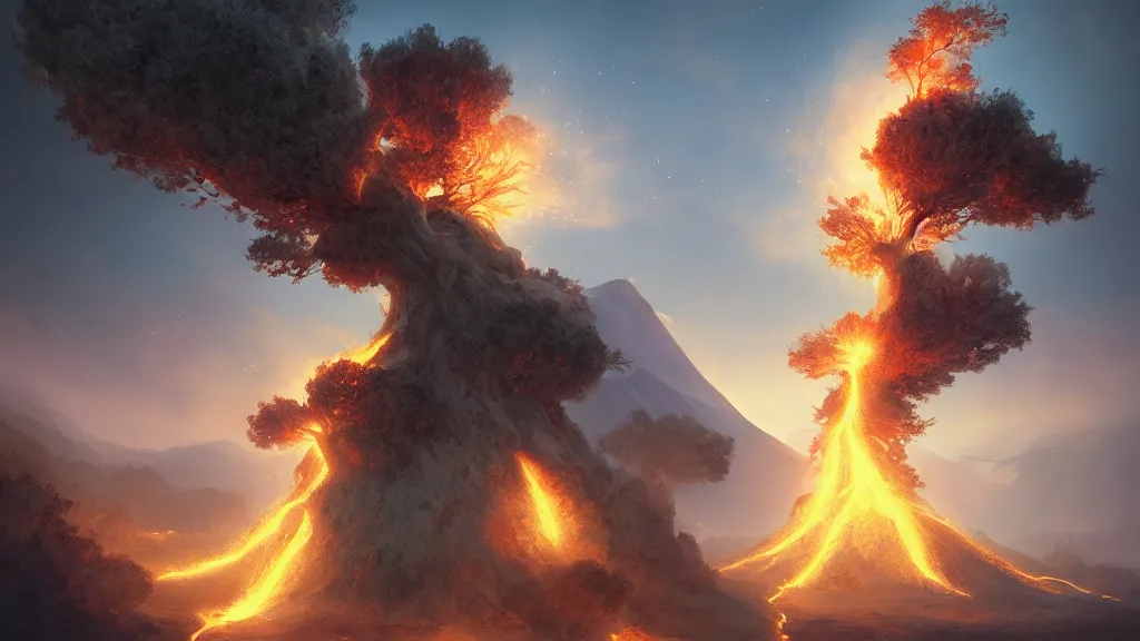 Image similar to exploding volcano, everlasting trees, pillar of ash, by sylvain sarrailh, rossdraws, ambient light, ultra detailed, fantasy artwork, 8 k, volumetric lighting, trending on artstation, award winning, very beautiful.