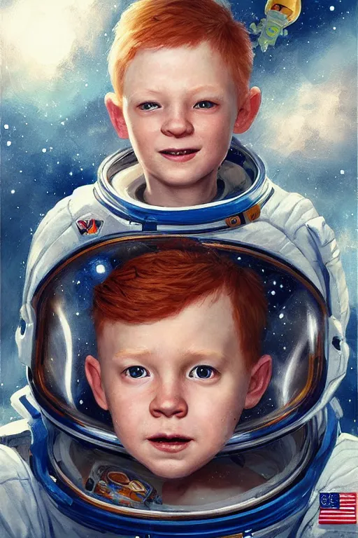 Image similar to a little boy with ginger hair floating in space, surrounded by stars. he is an astronaut, wearing a space suit. clean elegant painting, beautiful detailed face. by raymond swanland and artgerm and greg rutkowski