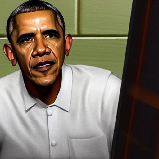 Prompt: obama sitting in a prison cell, in the style of gta loading screens