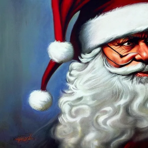 Image similar to an ultra - realistic portrait painting of santa claus in the style of frank frazetta. 4 k. ultra - realistic. highly detailed. dark fantasy. epic lighting.