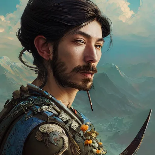 Image similar to Hyper realistic detailed portrait of Kurdish samurai, Stephen Bliss, unreal engine, fantasy art by Greg Rutkowski, Loish, Rhads, ferdinand knab, Makoto Shinkai and Lois van baarle, ilya kuvshinov, rossdraws, Tom Bagshaw, alphonse mucha, global illumination, radiant light, detailed and intricate environment, highly detailed, award winning art