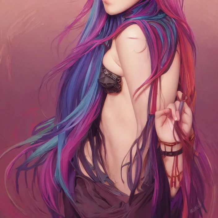 Image similar to portrait of beautiful symmetrical anime girl, rainbow hair, attractive, casual, modern, victoria's secret, highly detailed, digital painting, artstation, concept art, smooth, sharp focus, illustration, art by moebius artgerm, greg rutkowski and alphonse mucha, 8 k,