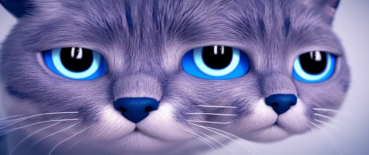 Prompt: hyperrealistic detailed close-up 3d render of a sad cute blue cat with round puppy eyes sharp cinematic lighting vray 8k low angle shallow depth of field