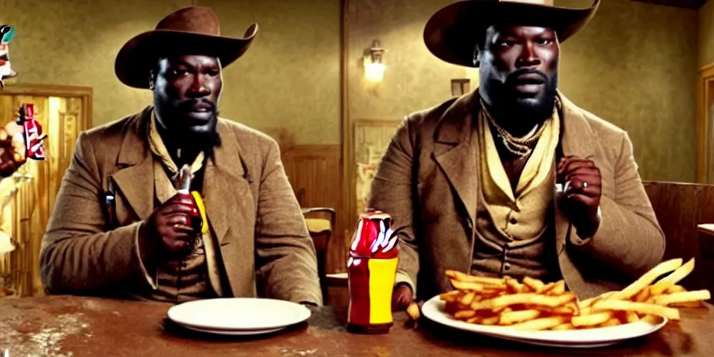 Prompt: fat Django unchained in Macdonald's eat cheeseburger and French fries and drink coca cola.