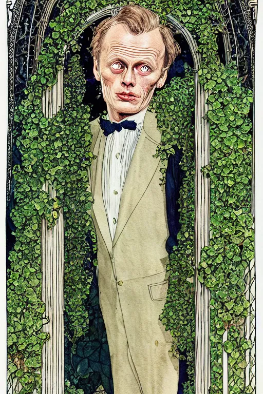 Prompt: realistic portrait of richard widmark in the center of an ornate gothic gate with ivy, detailed art by kay nielsen and walter crane, illustration style, watercolor