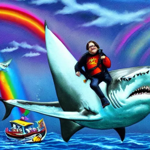 Prompt: jack black riding a shark, ocean, rainbow