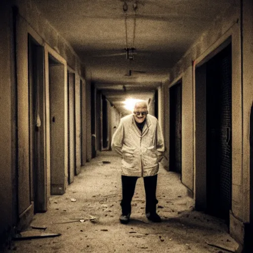 Prompt: an smiling old man in an abandoned hallway at night