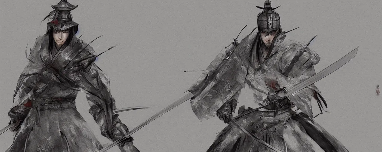 Image similar to a !beautiful White cloaked Samurai Warrior with Sword Drawn by Mitsuru Adachi :: Concept Art, Digital Art
