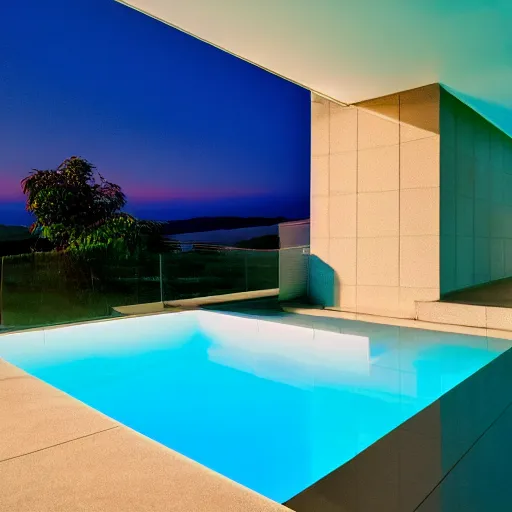 Image similar to liminal space photography, swimming pool, ceramic tiles on the floor and walls, sunset light, clear water, high detailed, photorealistic 4k - H 768