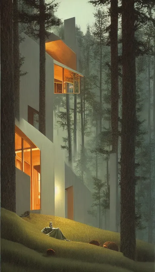 Image similar to cozy ultra modern home in the woods moody lighting, highly detailed, painting by zdzisław beksinski and norman rockwell and greg rutkowskiweta studio, and lucasfilm