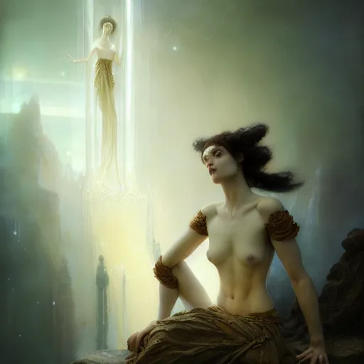 Image similar to the transcendent beings embodying fundamental fear, studio light, photoreal, by jaime jones, tom bagshaw, lawrence alma - tadema, greg rutkowski, deviantart contest winner, fantasy art, daz 3 d, intricate, elegant, highly detailed, 8 k, digital painting, concept art, sharp focus, illustration, golden ratio, cosmic horror