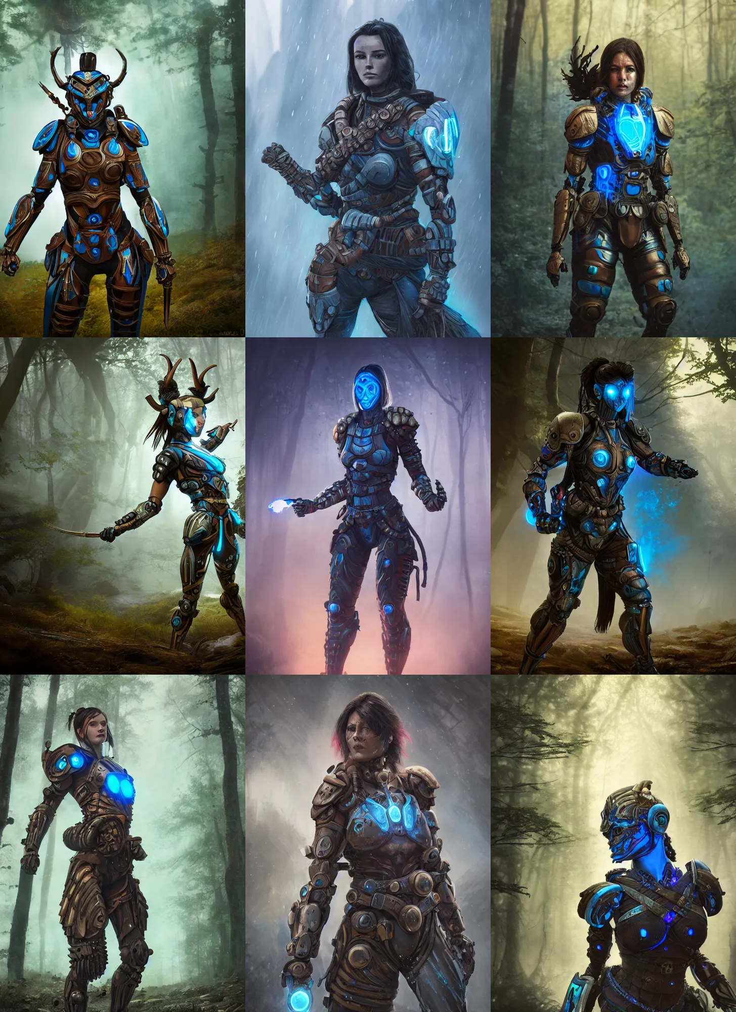 Prompt: muscular female warrior with glowing blue eyes wearing biomechanical armor, apex legends, forest plains of yorkshire, misty forest, mcu, concept art, good value control, digital painting, sharp focus, rule of thirds, 4k, centered, magic hour photography, atmospheric, moody colors