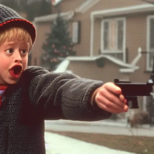 Prompt: kevin from home alone movie pointing gun at his head 4k still shot from