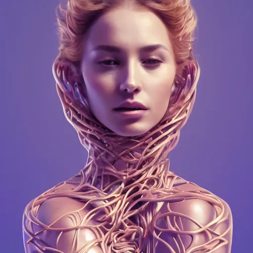 Image similar to a highly detailed digital image of an elegantly posed futuristic woman beautifully intertwined in chromatic liquid like leaves, full body shot, by Andrew Chiampo, artstation, and Frederik Heyman, extremely detailed woman, stunning volumetric lighting, hyper realism, fantasy 4k