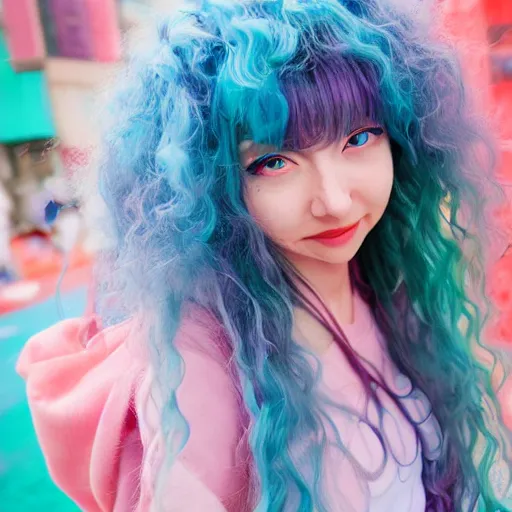 Image similar to happy anime girl, messy curly pastel hair, harajuku fashion, clear clean face, face by lya kushinov, Avetetsuya Studios