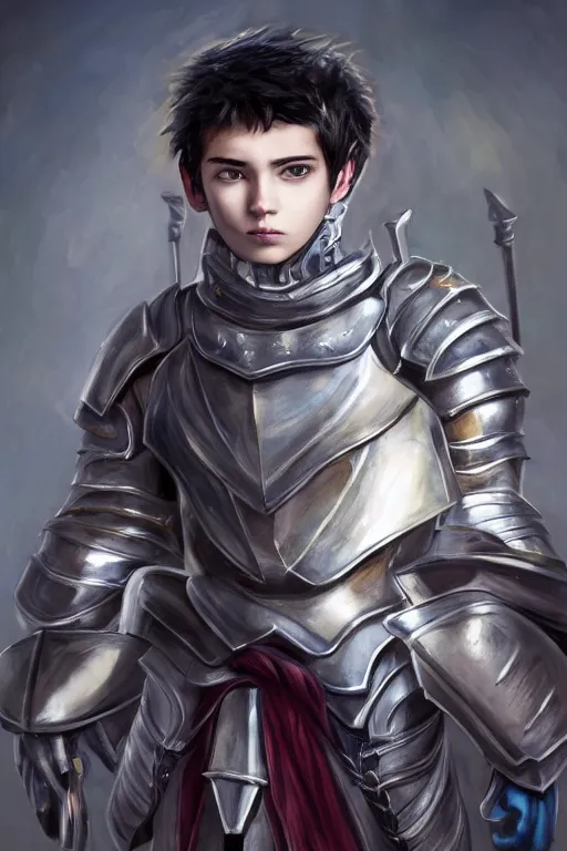 Image similar to a male teenager wearing a silver plate armor, short black hair, artgem style, fancy lighting, complementary colours, face portrait, harmonious, soft colors, digital painting, masterpiece, realistic and detailed face, color painting, realistic, highly detailed, high quality, portait picture, anatomically correct, pixar and disney style, anime style