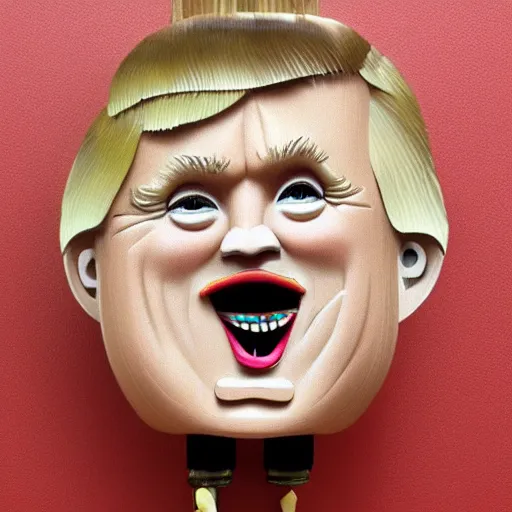Image similar to a cuckoo clock that looks like donald trump, artistic, high quality, trending on art station, colorful, amazing, funny
