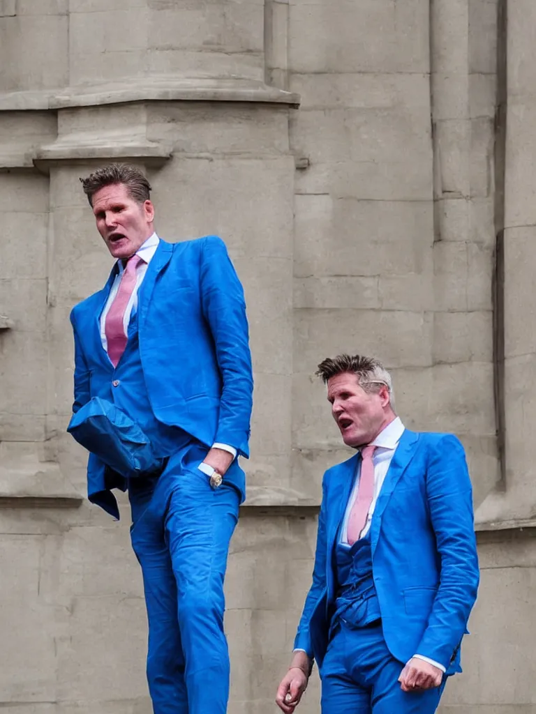 Prompt: Sir Kier Starmer wearing a blue suit and crying as his balloon has burst detailed colour photograph