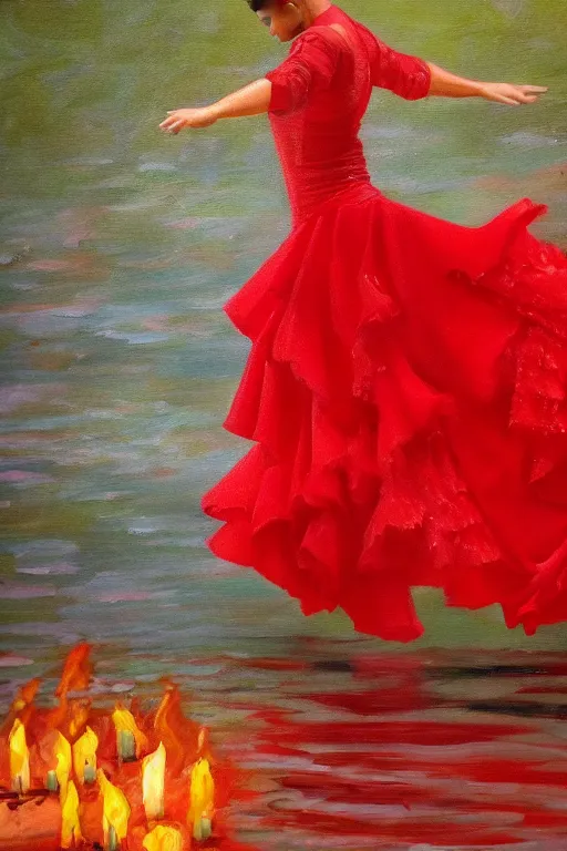 Prompt: detailed oil painting of spanish flamenco dancer walking into a lake wearing a red dress made of flowers that's engulfed in flames, dimly lit by candles on the ground, looking away, dark shadows, ethereal, slr, 4 k, high definition