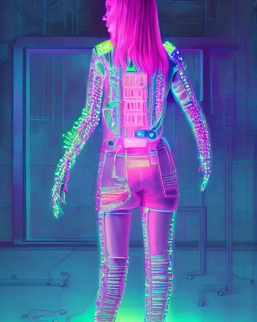 Prompt: full body shot of young punk woman dressed in futuristic cyberpunk clothing, colorful, night, soft neon light, bjork aesthetic, translucent, by rineke dijkstra and artgerm, intricate details, highly detailed, masterpiece, 8 5 mm