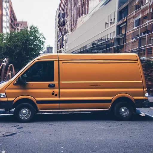 Image similar to A brown man parallel parks white work van, beeping, annoyed people