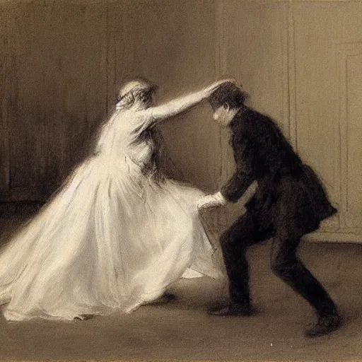 Prompt: old lady dancing with the ghost of a young man alone in a ballroom by alfred stevens in charcoal