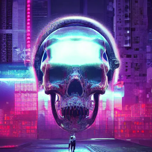 Prompt: Cyberpunk FantasyCore Kowloon giant skull, neon electronic, rendered in Lumion Pro, Autodesk Solidowkrs Visualize, Maya, and Cinema 4D by Iwan Baan, Greg Rutkowski, Ted Gore, Dustin Lefevre, and Jaya Su Berg, trending on artstation, cgsocciety r/art