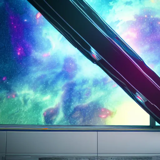 Image similar to 8 k hd detailed octane render of a spaceship corridor with a colorful nebula outside the window