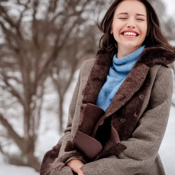 Prompt: a beautiful girl from minnesota, brunette, joyfully smiling at the camera with her eyes closed. thinner face, irish genes, dark chocolate hair, colour, wearing university of minneapolis coat, perfect nose, morning hour, plane light, portrait, minneapolis as background.